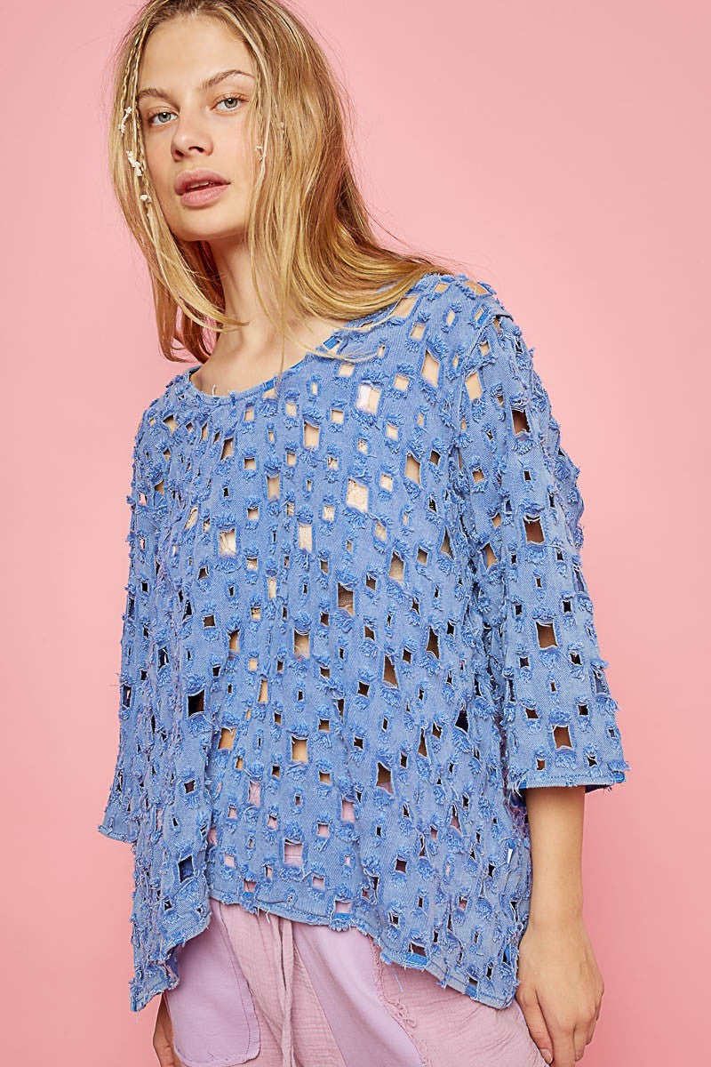 POL Oversize Round Quarter Sleeve See Through Top