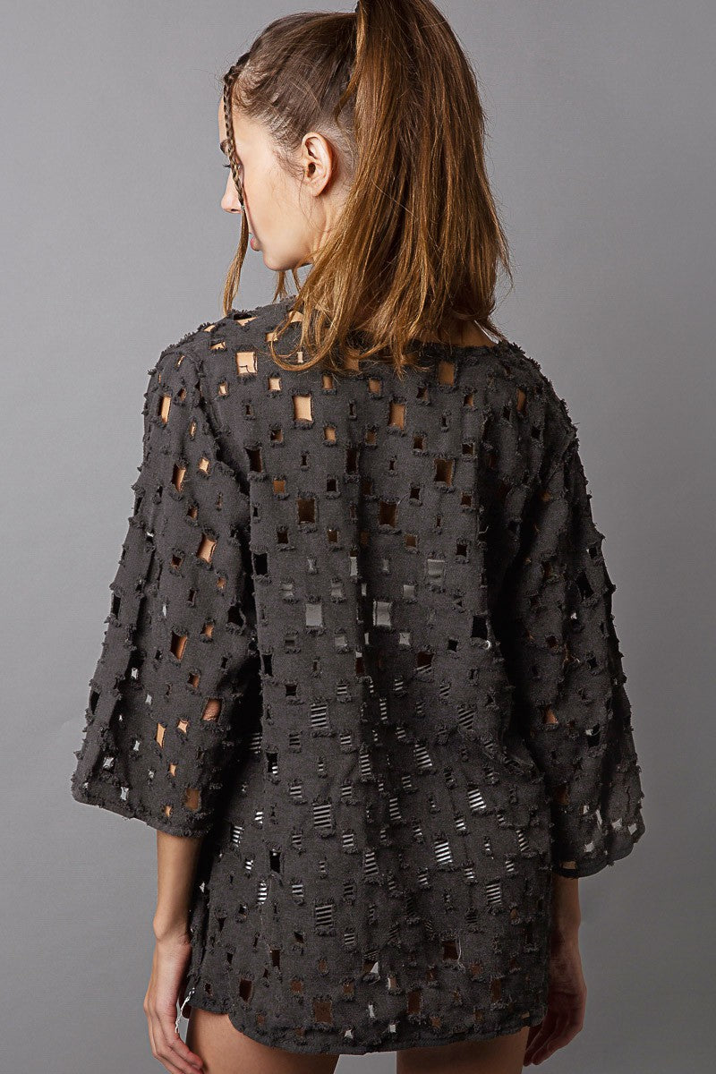 POL Oversize Round Quarter Sleeve See Through Top