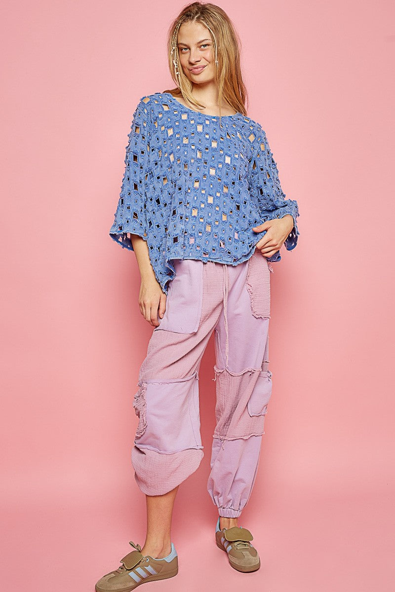 POL Oversize Round Quarter Sleeve See Through Top