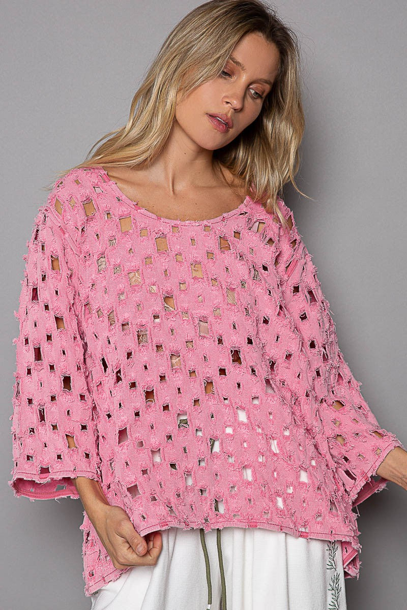POL Oversize Round Quarter Sleeve See Through Top