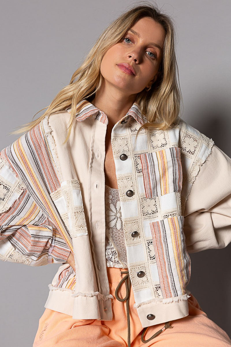 POL Color Block Stripe Button Down Collar Long Sleeve Jacket