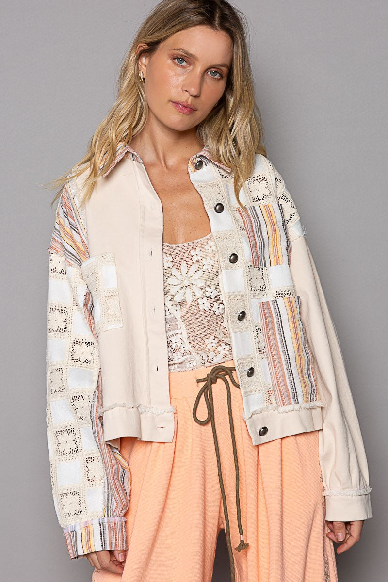 POL Color Block Stripe Button Down Collar Long Sleeve Jacket