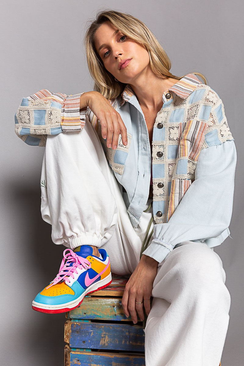 POL Color Block Stripe Button Down Collar Long Sleeve Jacket