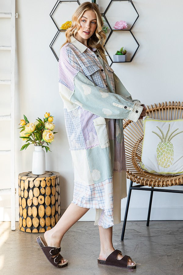 Oli & Hali Bleach Washed Fabric Mixed Longline Shirt Jacket