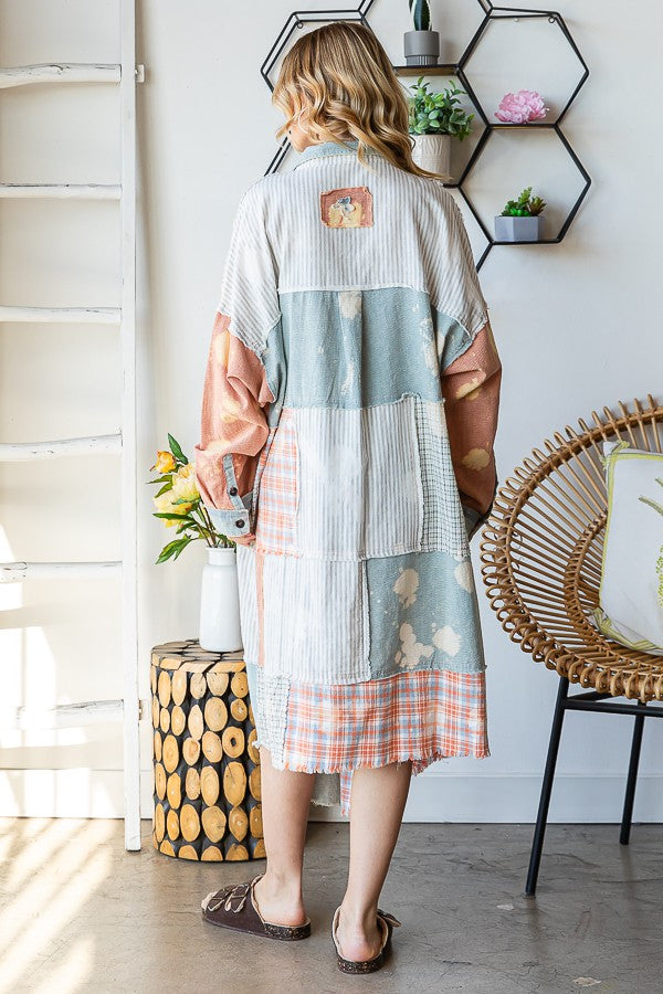 Oli & Hali Bleach Washed Fabric Mixed Longline Shirt Jacket