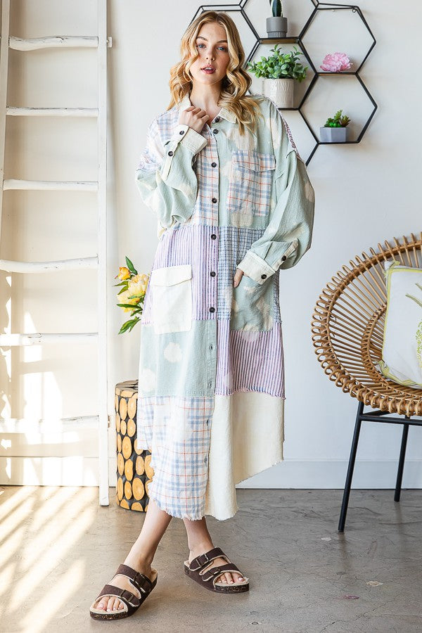 Oli & Hali Bleach Washed Fabric Mixed Longline Shirt Jacket