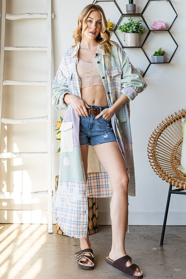 Oli & Hali Bleach Washed Fabric Mixed Longline Shirt Jacket