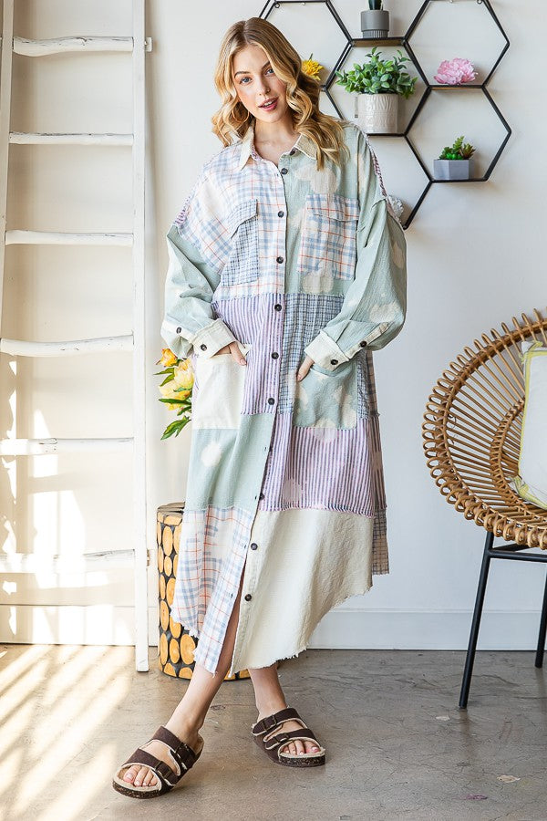 Oli & Hali Bleach Washed Fabric Mixed Longline Shirt Jacket