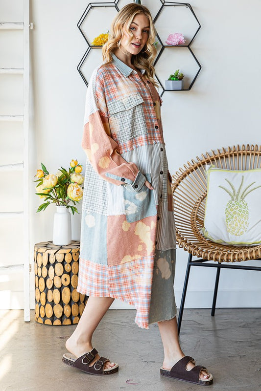 Oli & Hali Bleach Washed Fabric Mixed Longline Shirt Jacket