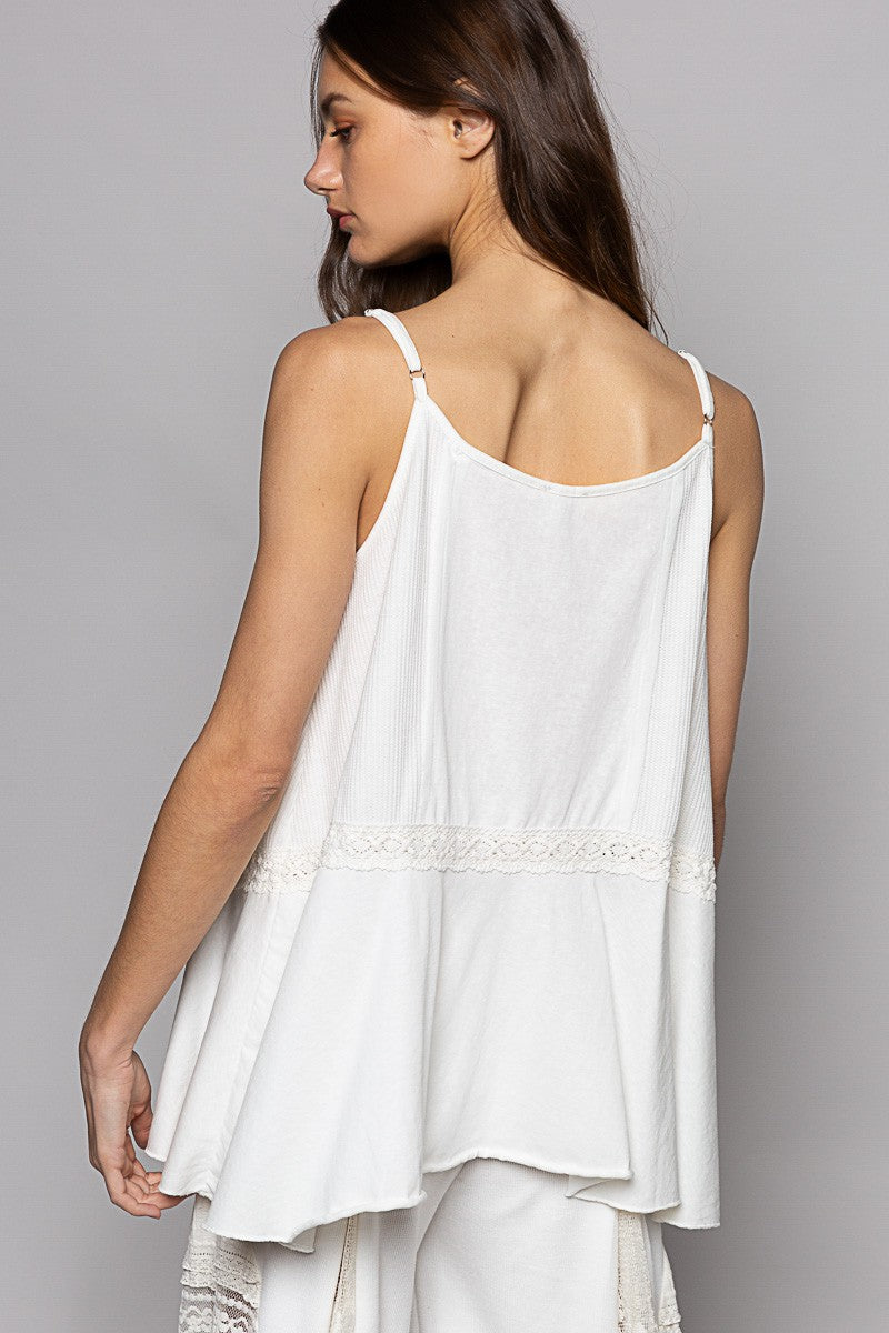 POL Button Down V-Neck Sleeveless Eyelet Trim Knit Top