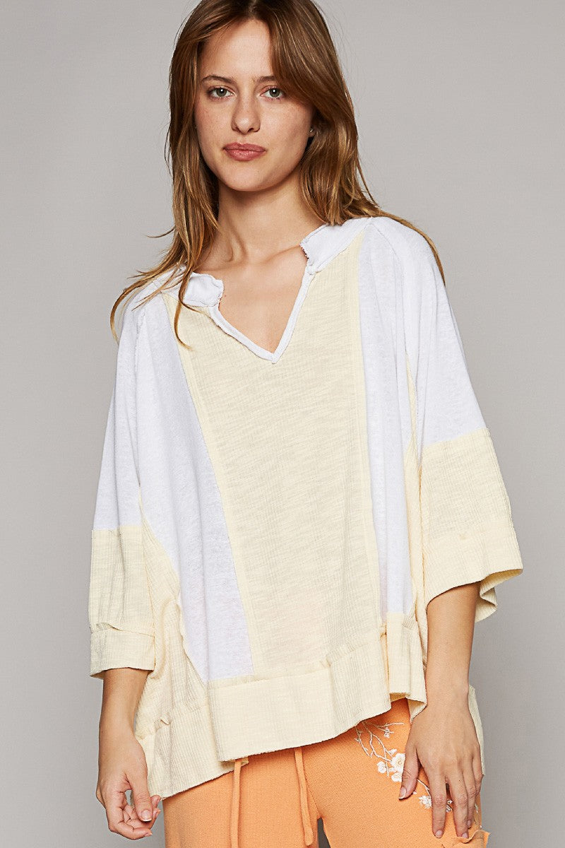 POL Oversize Notched Neck Frayed Edge Contrast Top