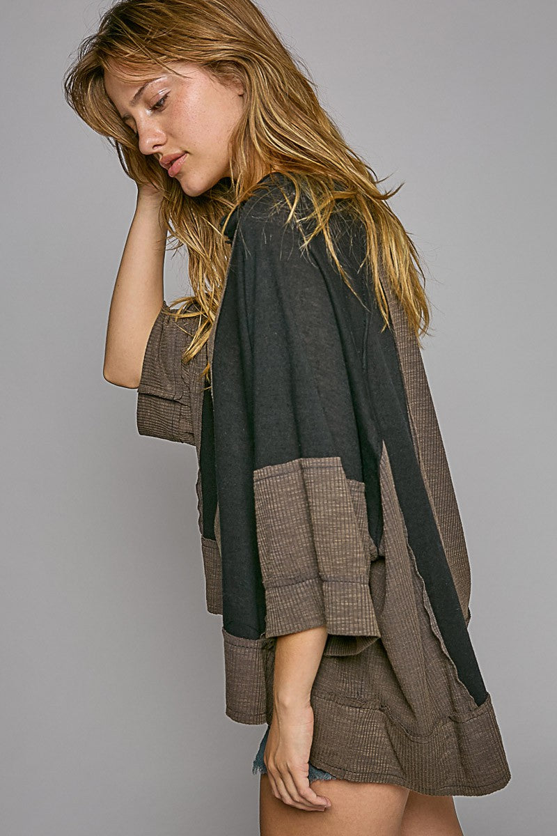 POL Oversize Notched Neck Frayed Edge Contrast Top