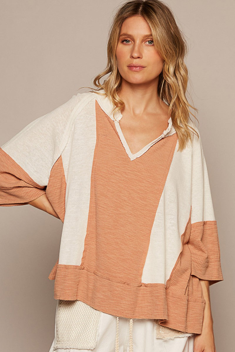 POL Oversize Notched Neck Frayed Edge Contrast Top