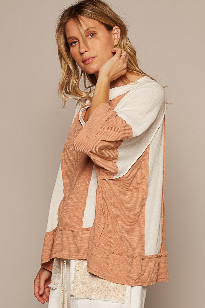 POL Oversize Notched Neck Frayed Edge Contrast Top