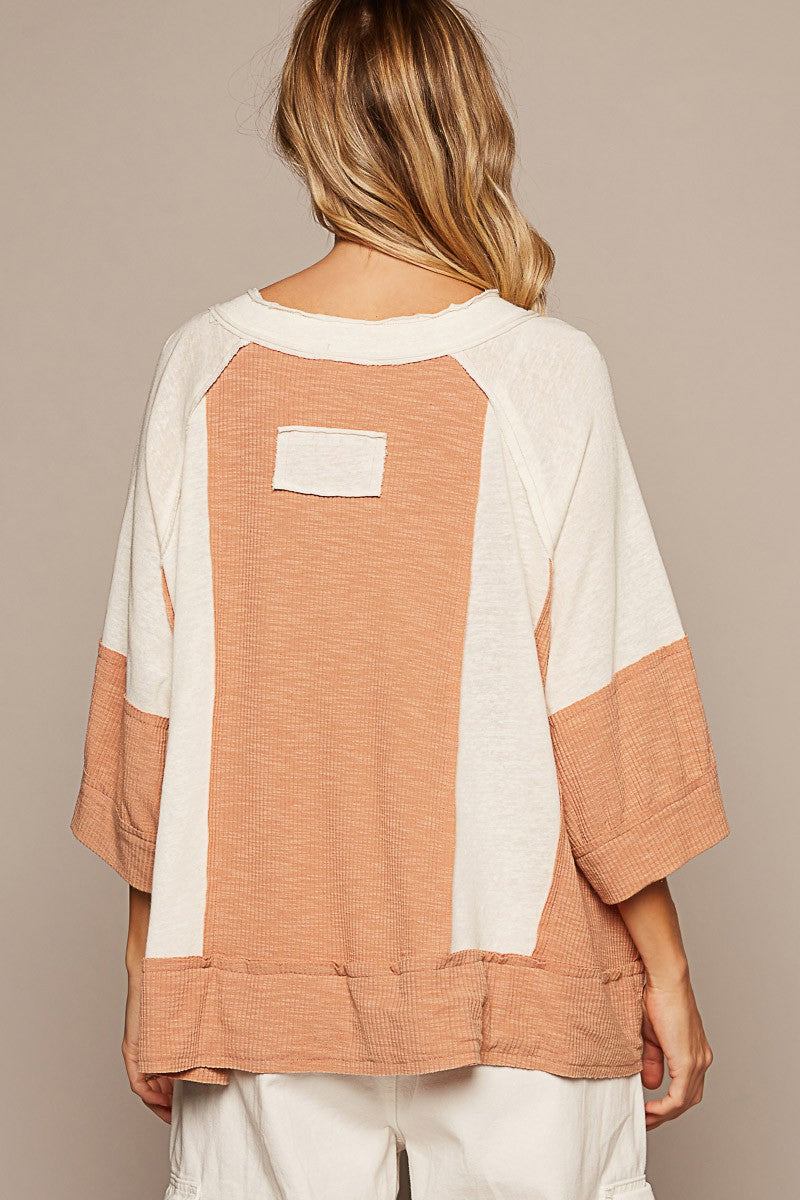 POL Oversize Notched Neck Frayed Edge Contrast Top