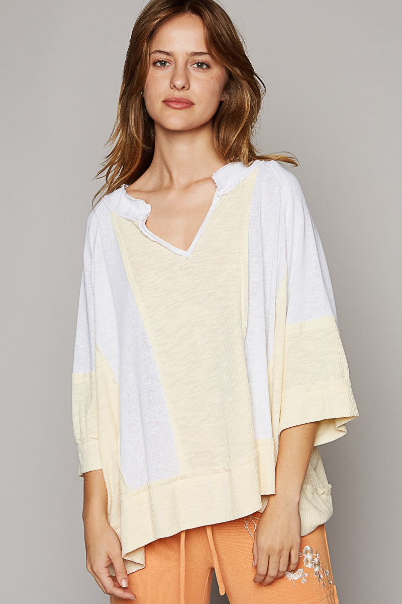 POL Oversize Notched Neck Frayed Edge Contrast Top
