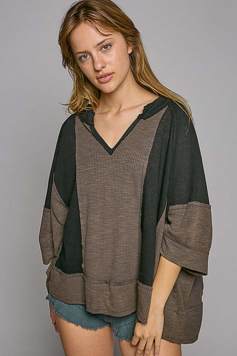 POL Oversize Notched Neck Frayed Edge Contrast Top