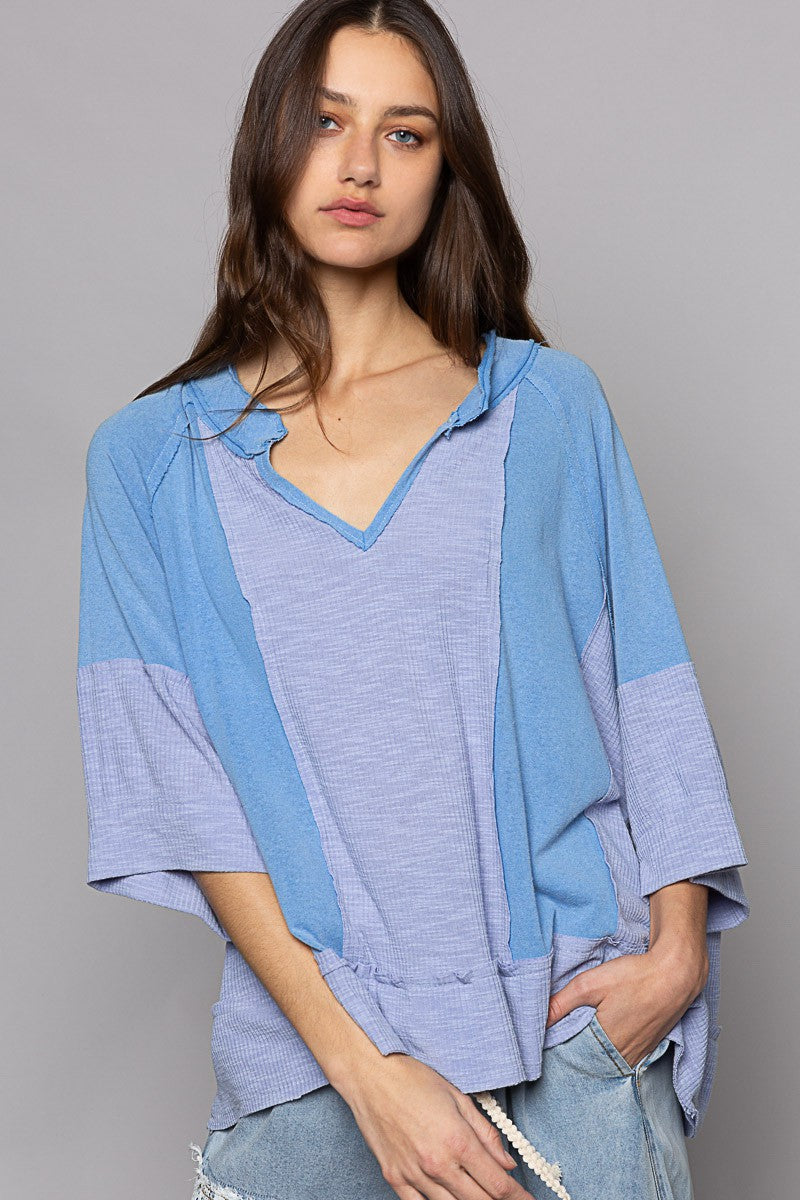 POL Oversize Notched Neck Frayed Edge Contrast Top