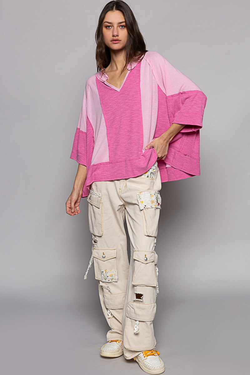 POL Oversize Notched Neck Frayed Edge Contrast Top