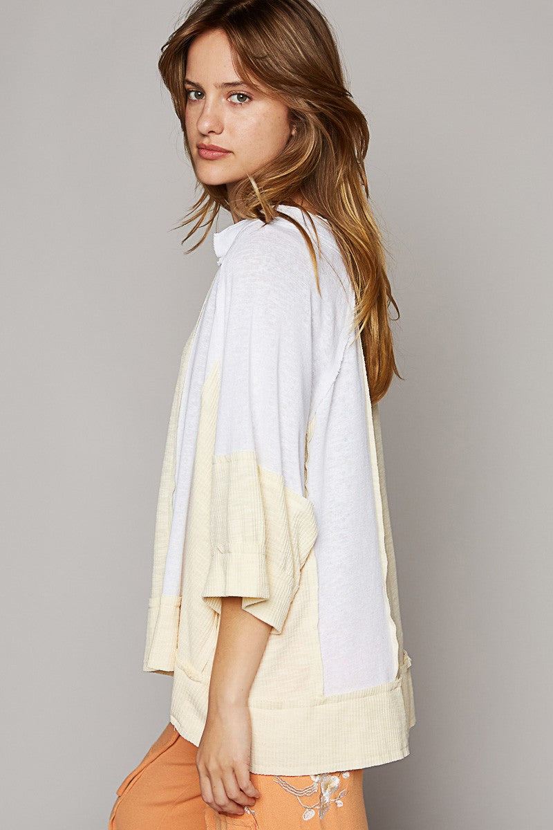 POL Oversize Notched Neck Frayed Edge Contrast Top