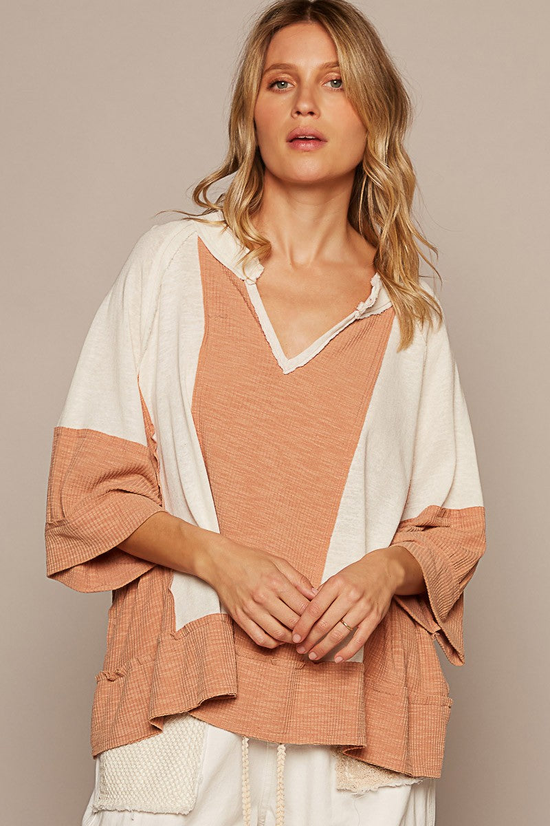 POL Oversize Notched Neck Frayed Edge Contrast Top
