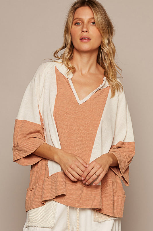POL Oversize Notched Neck Frayed Edge Contrast Top