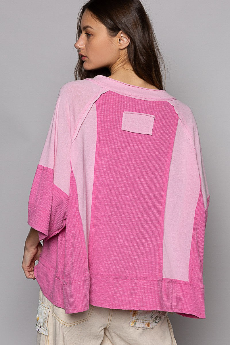 POL Oversize Notched Neck Frayed Edge Contrast Top