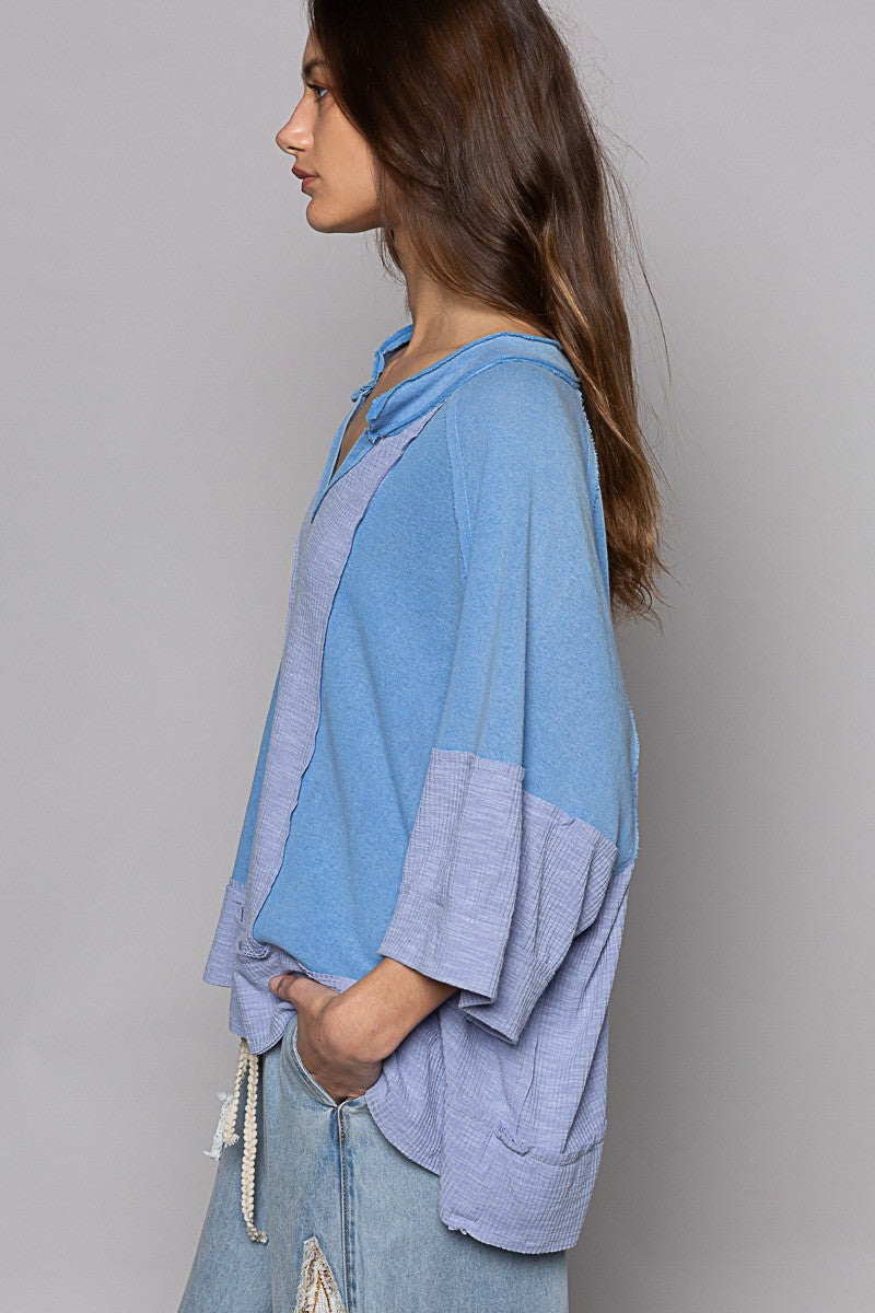 POL Oversize Notched Neck Frayed Edge Contrast Top