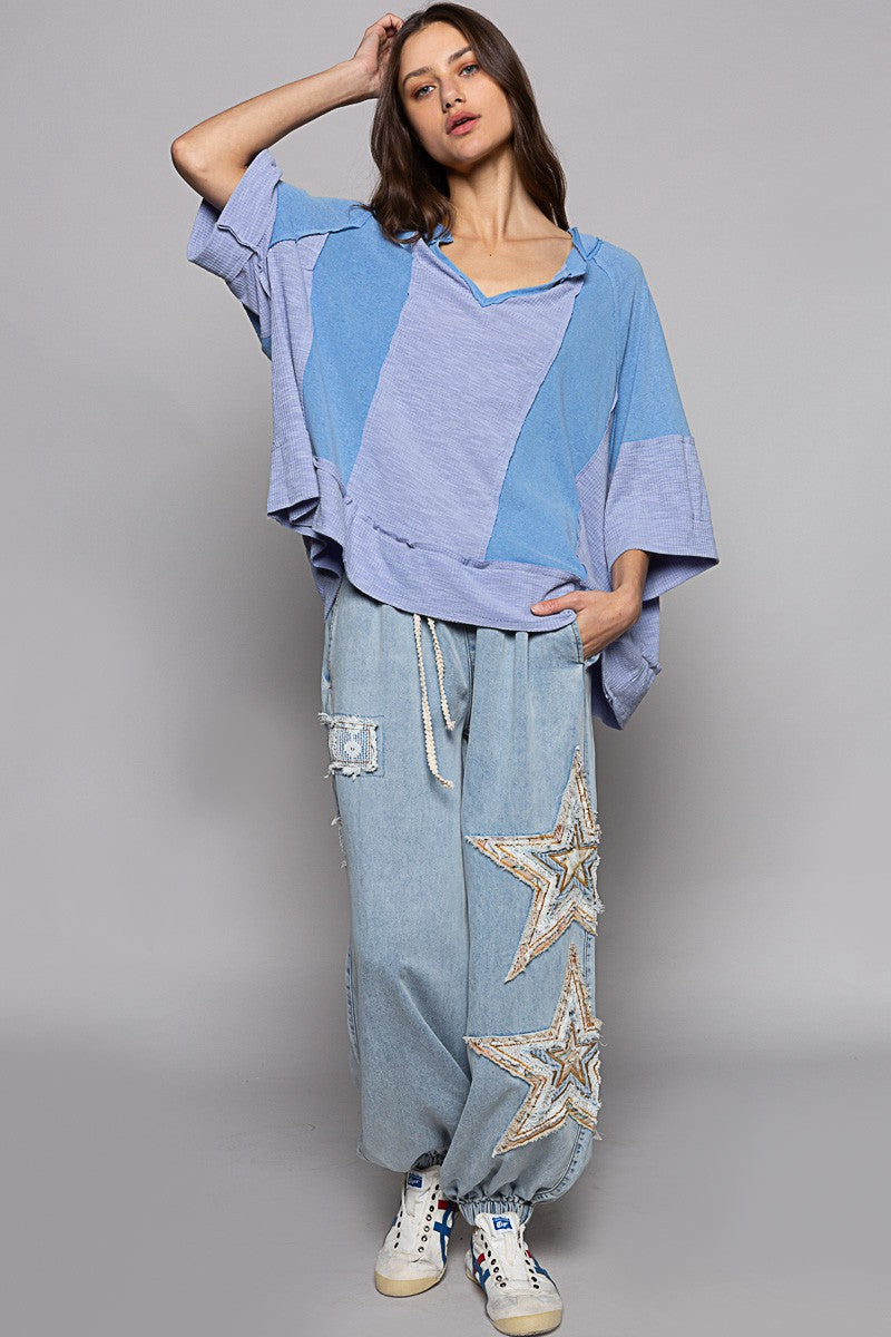 POL Oversize Notched Neck Frayed Edge Contrast Top