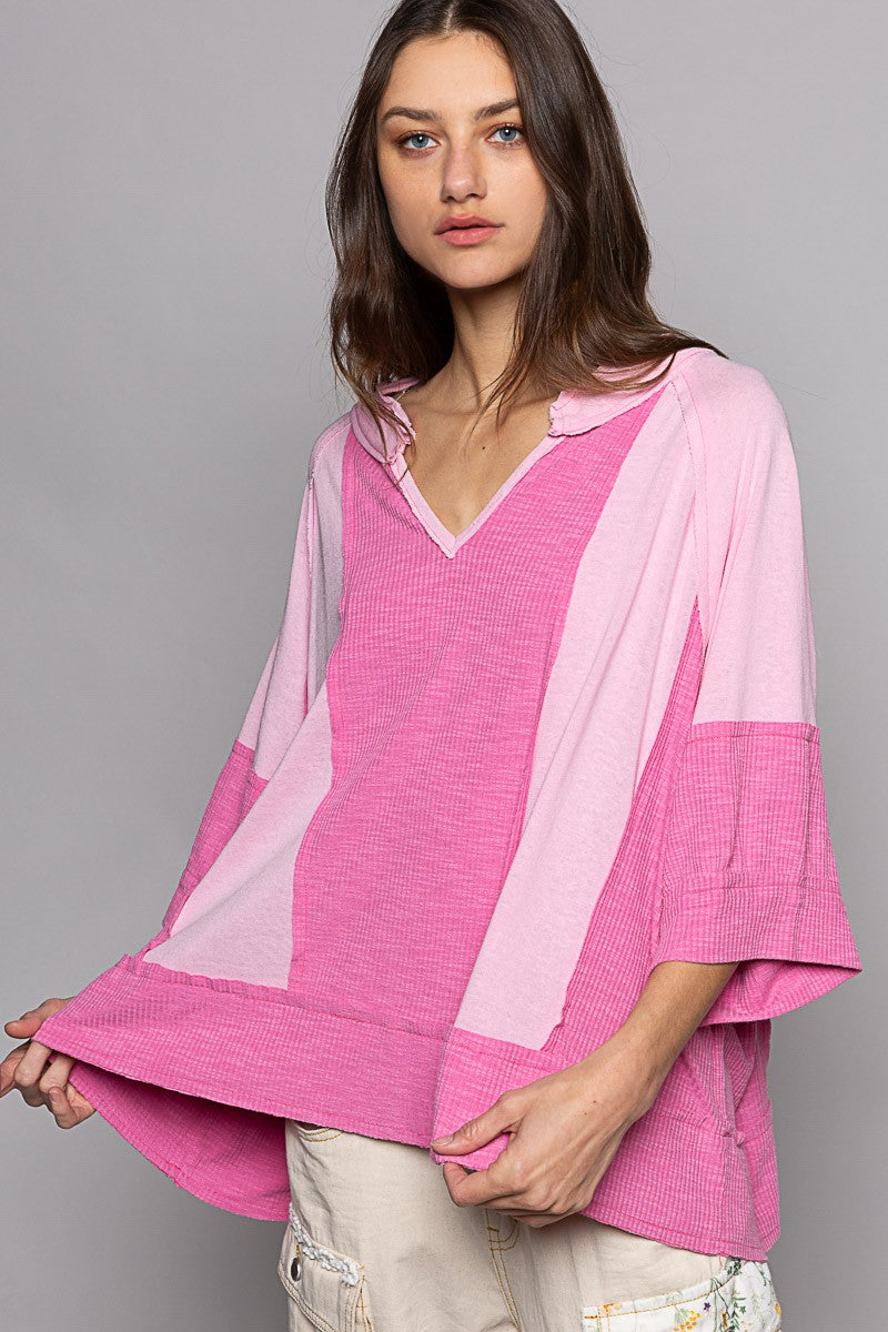 POL Oversize Notched Neck Frayed Edge Contrast Top