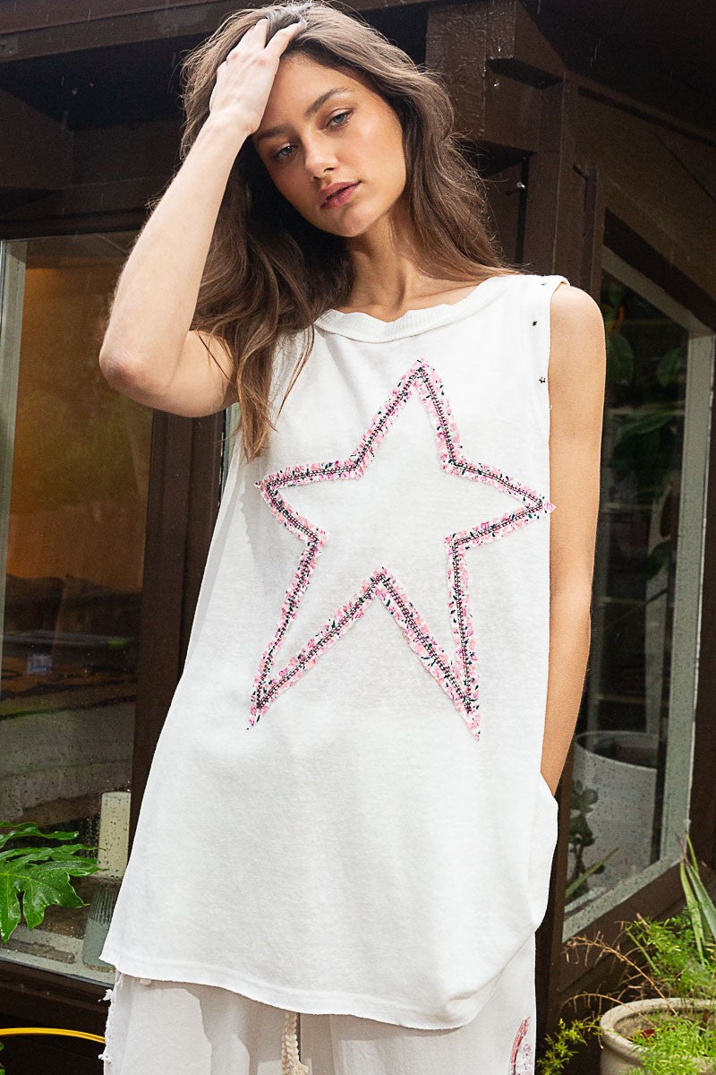 POL Round Neck Stud Floral Star Patch Tunic Top