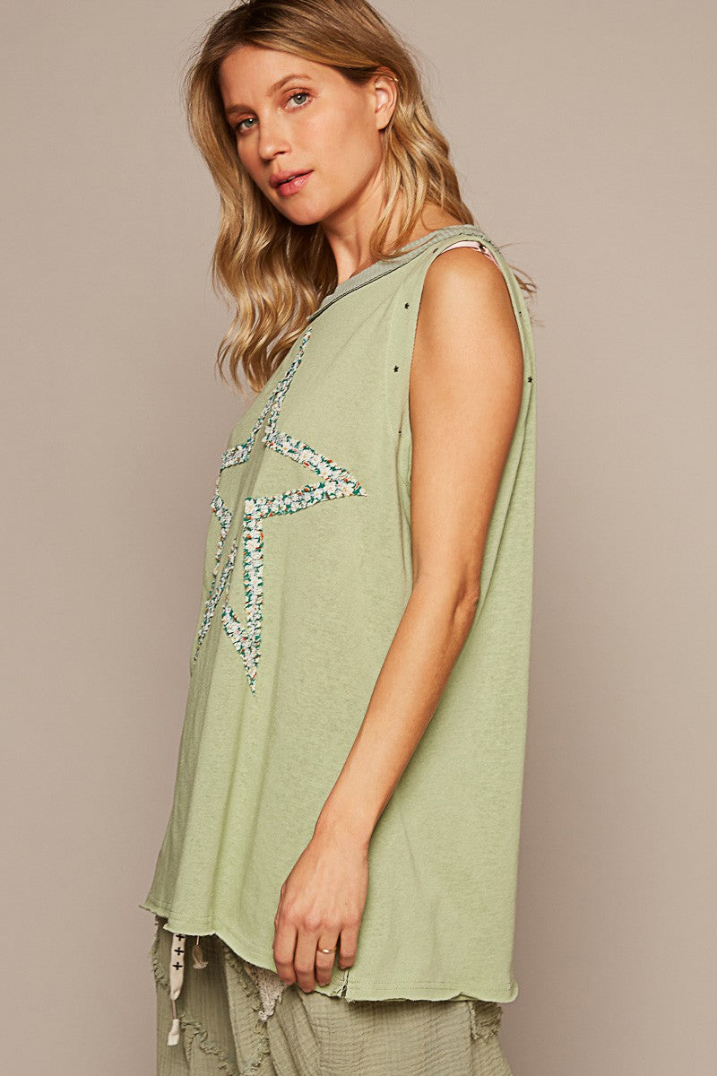 POL Round Neck Stud Floral Star Patch Tunic Top