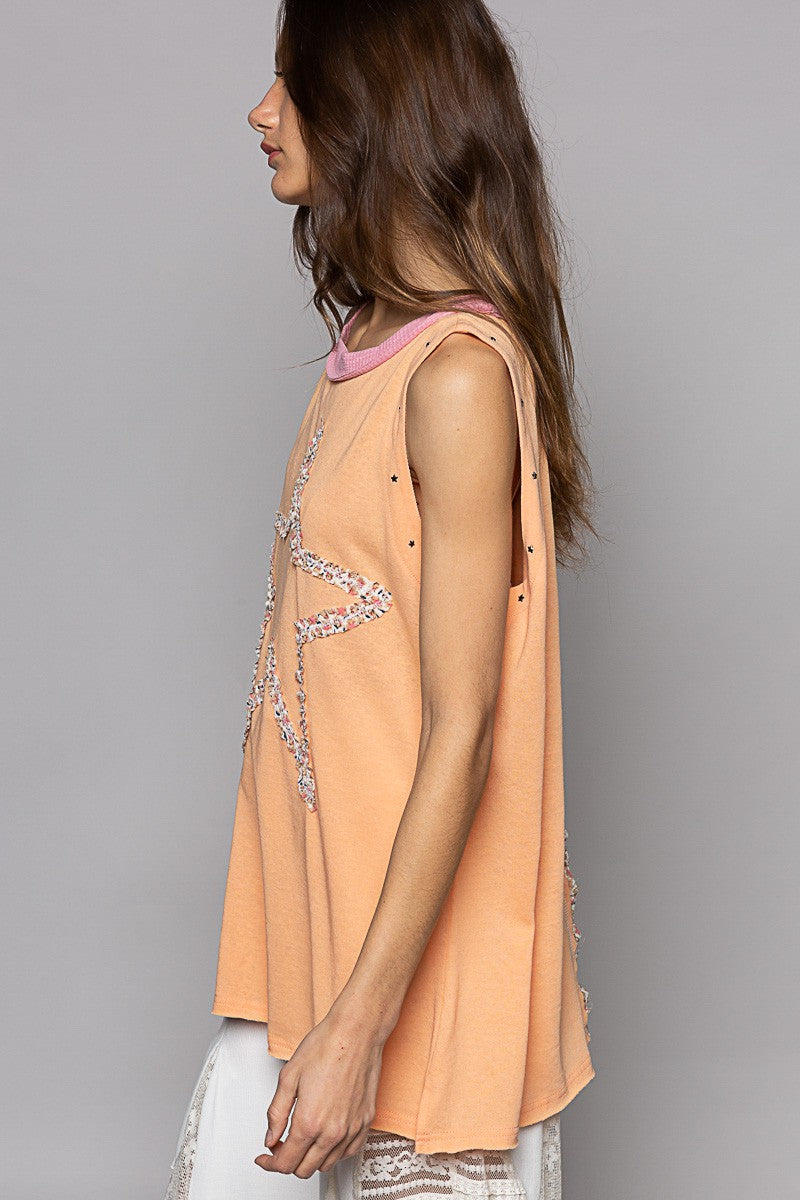 POL Round Neck Stud Floral Star Patch Tunic Top