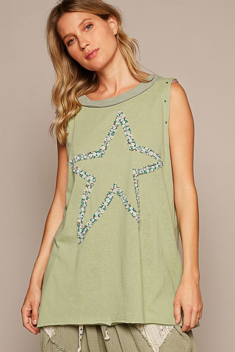 POL Round Neck Stud Floral Star Patch Tunic Top