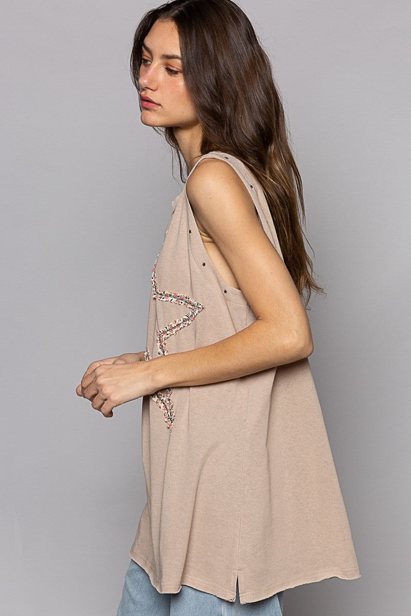 POL Round Neck Stud Floral Star Patch Tunic Top