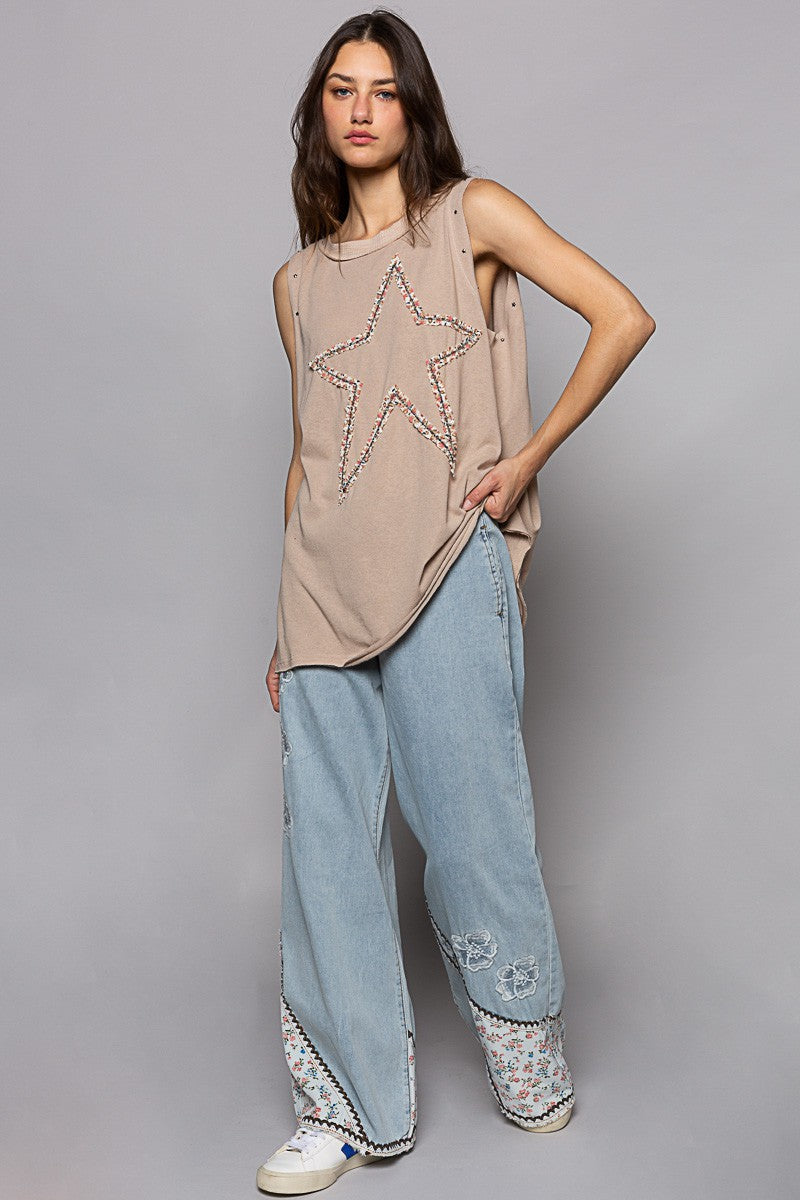 POL Round Neck Stud Floral Star Patch Tunic Top