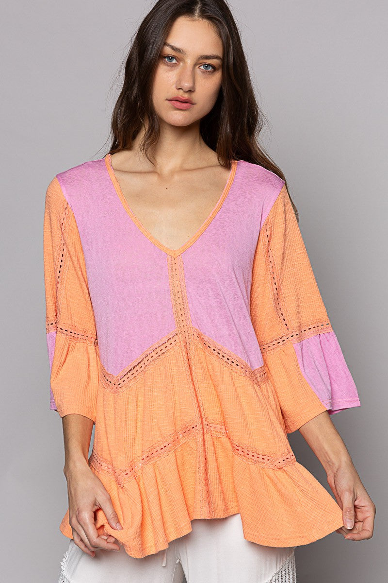 POL V-Neck Short Sleeve Ruffle Basic Top