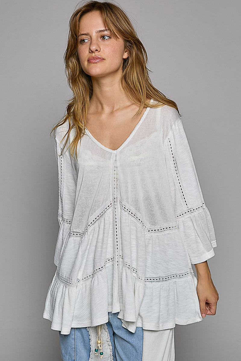 POL V-Neck Short Sleeve Ruffle Basic Top