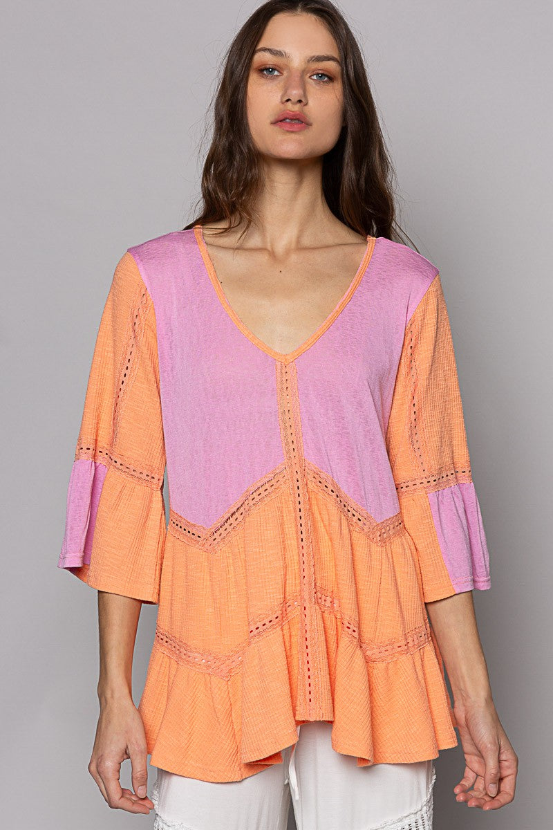 POL V-Neck Short Sleeve Ruffle Basic Top