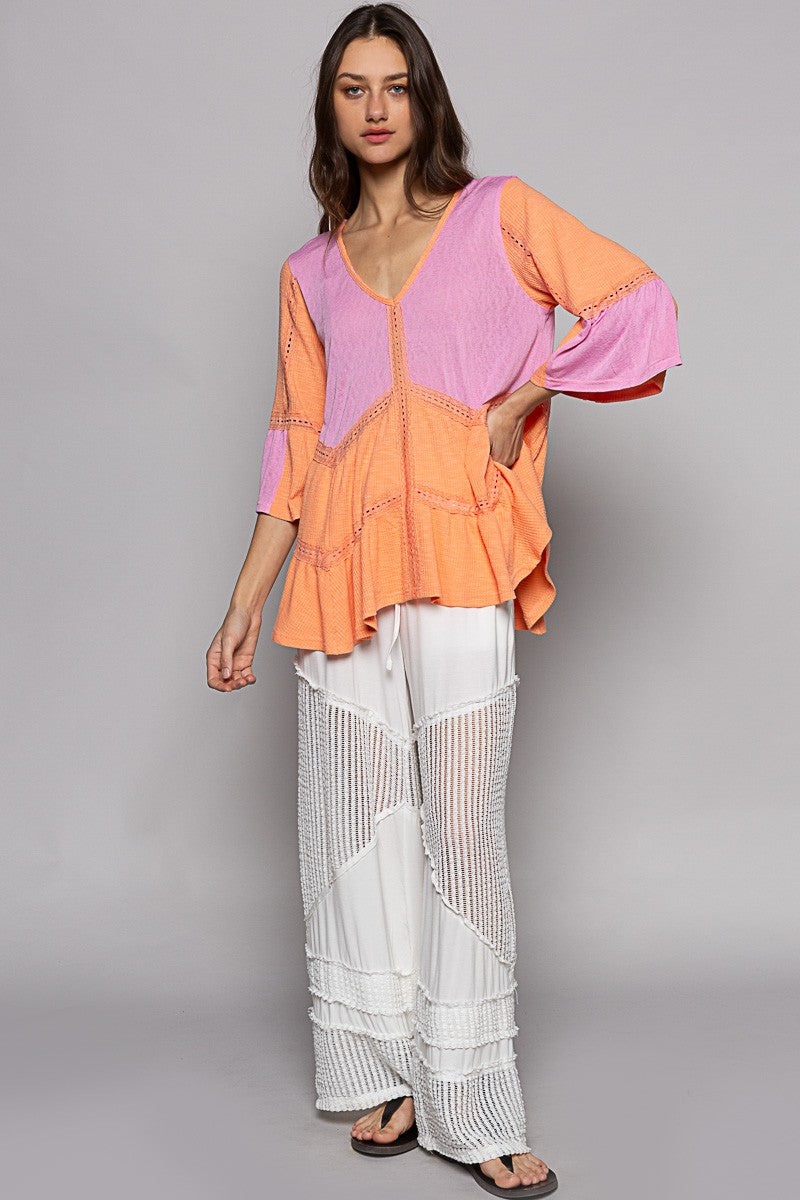 POL V-Neck Short Sleeve Ruffle Basic Top