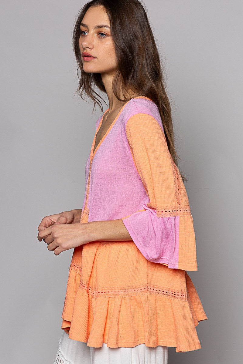 POL V-Neck Short Sleeve Ruffle Basic Top