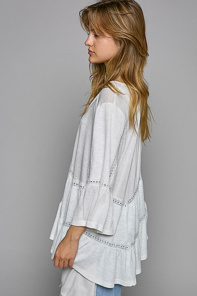 POL V-Neck Short Sleeve Ruffle Basic Top