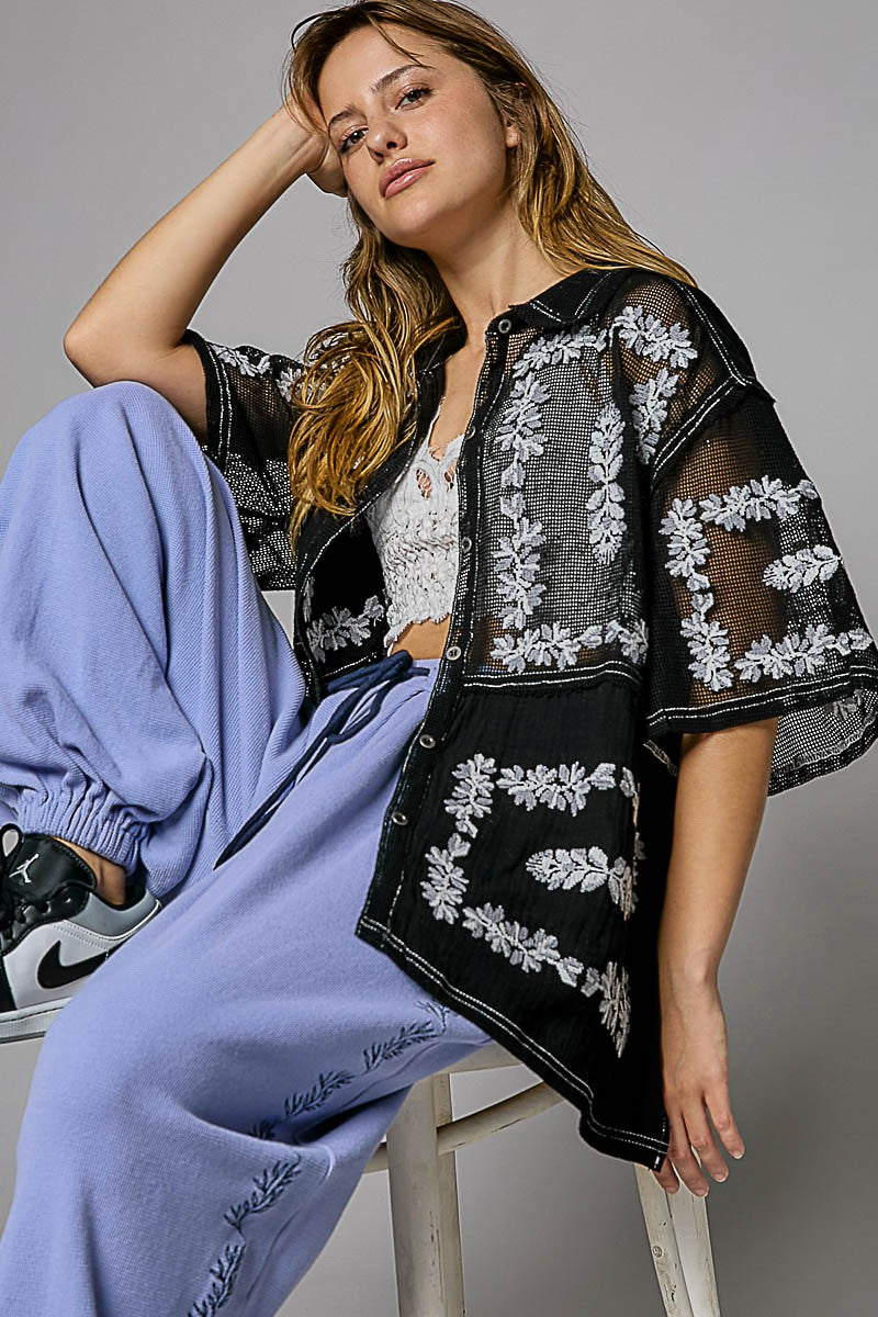 POL Embroidery Oversize Button Down Short Sleeve Shirt Top