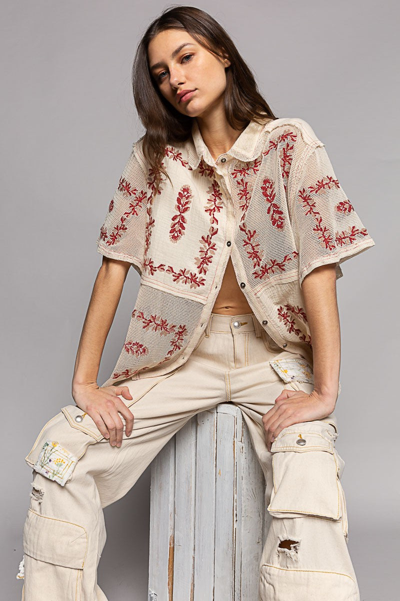 POL Embroidery Oversize Button Down Short Sleeve Shirt Top