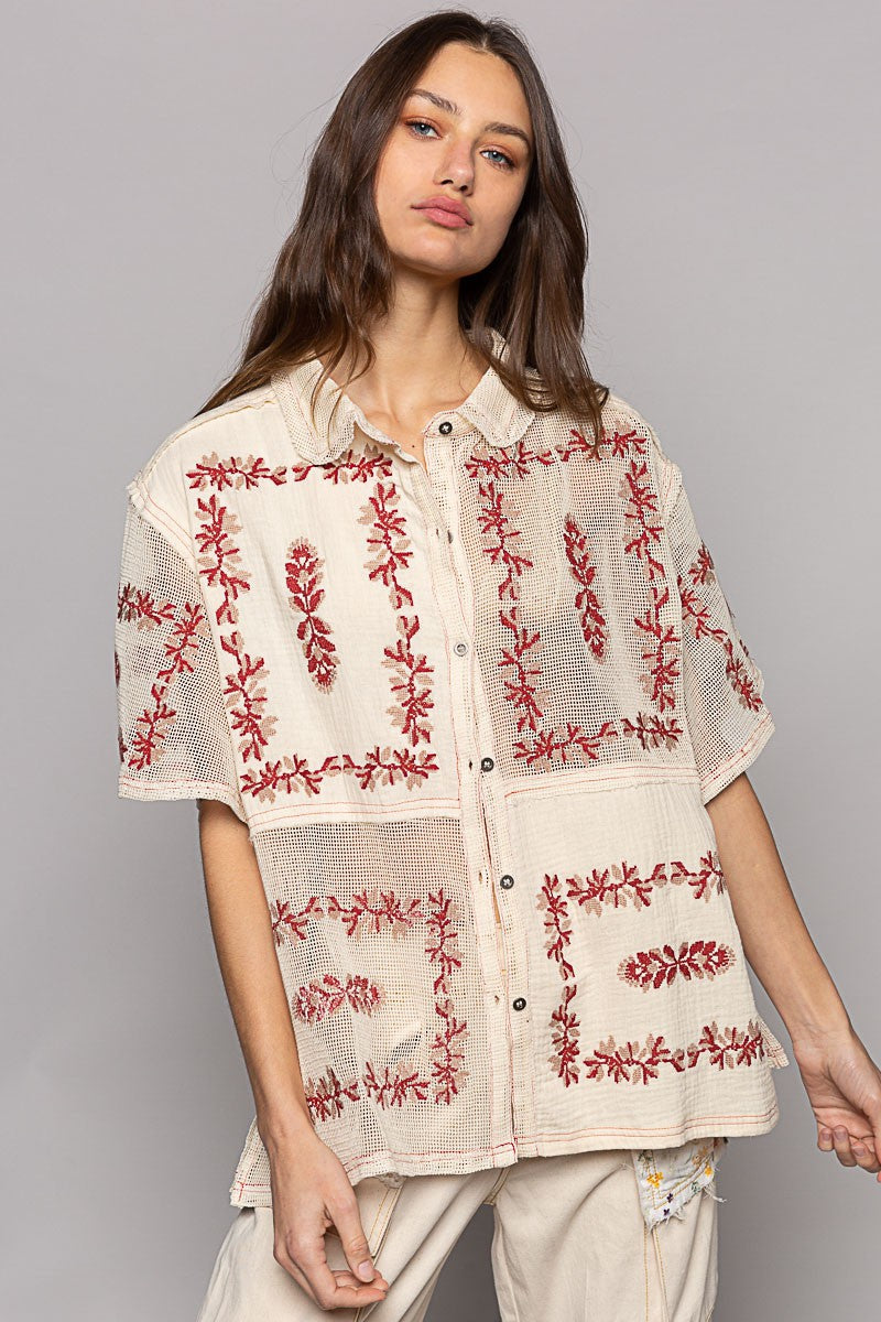 POL Embroidery Oversize Button Down Short Sleeve Shirt Top