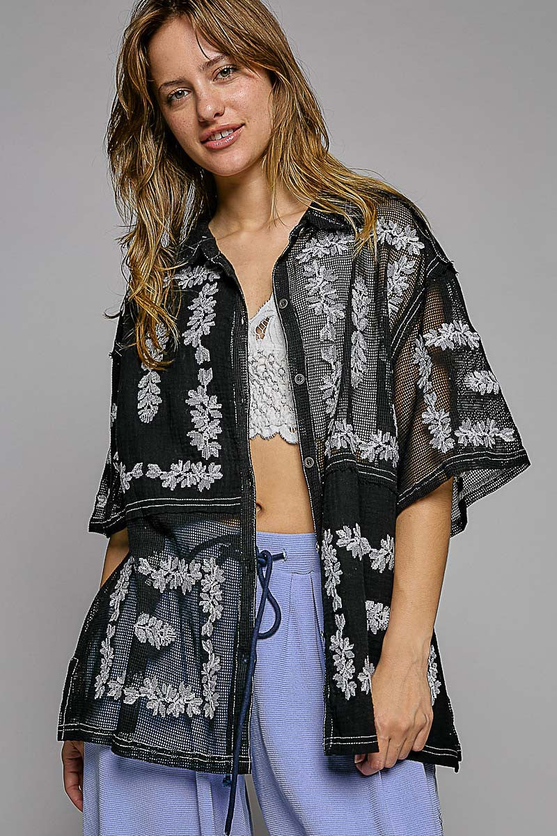 POL Embroidery Oversize Button Down Short Sleeve Shirt Top