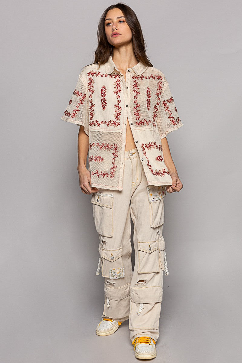 POL Embroidery Oversize Button Down Short Sleeve Shirt Top