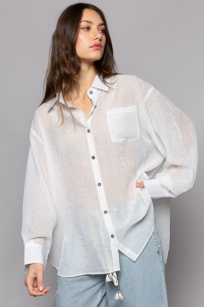 POL Oversize Long Sleeve Button Down Chiffon Shirts Top