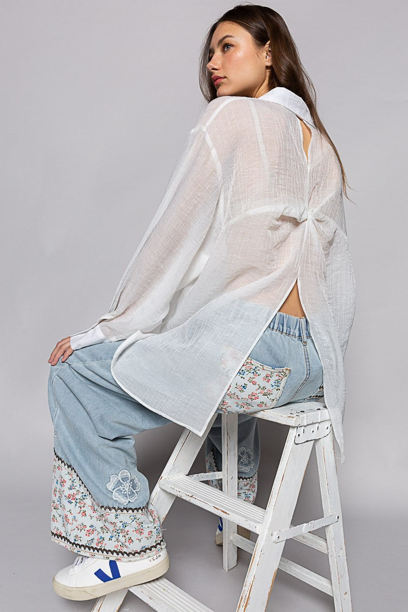 POL Oversize Long Sleeve Button Down Chiffon Shirts Top