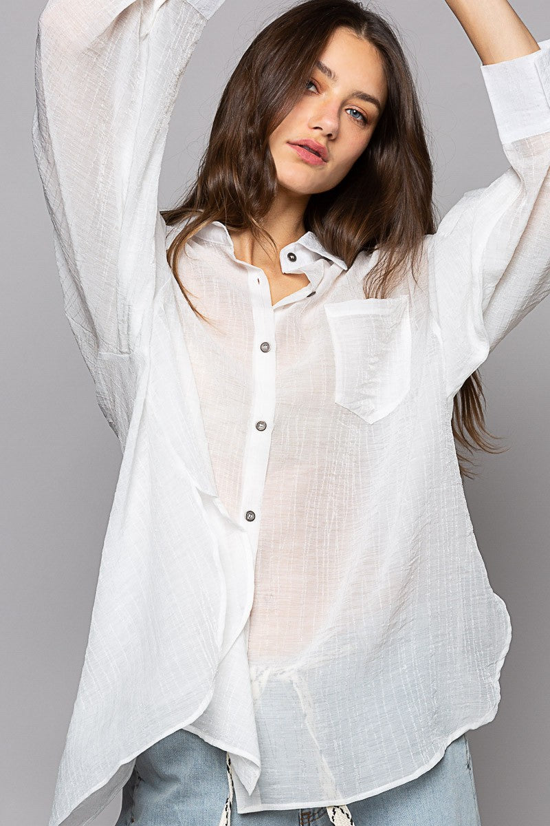 POL Oversize Long Sleeve Button Down Chiffon Shirts Top